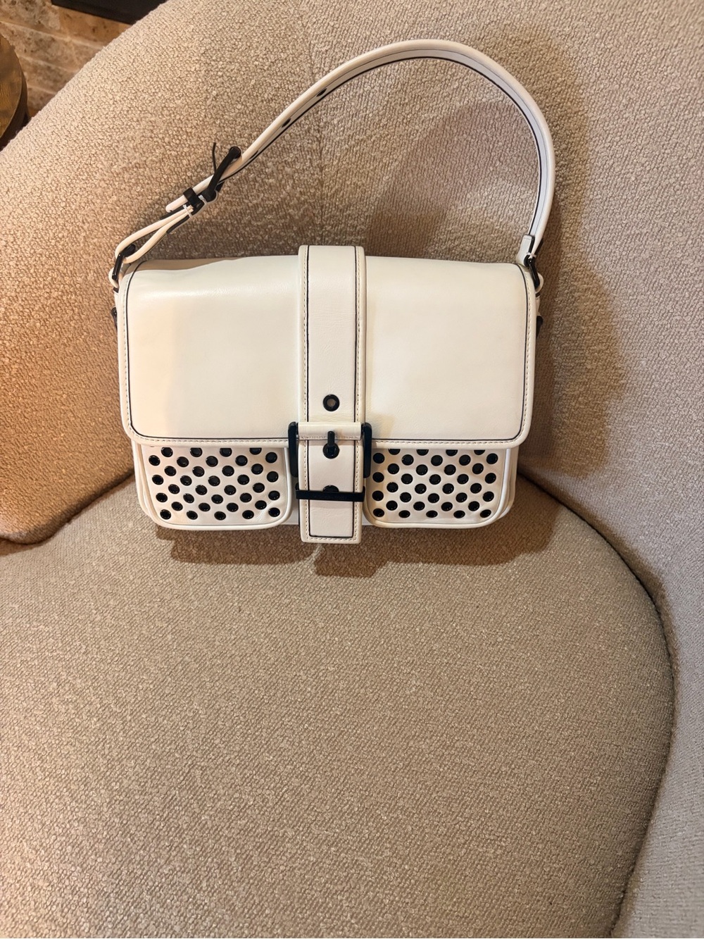 Michael Kors Collection White Leather Shoulder Bag with Buckle Detail